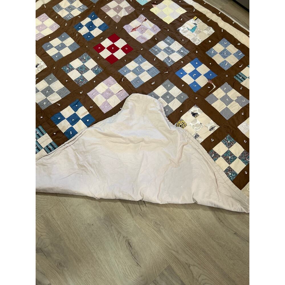 Vintage Handmade Hand-Tied Patchwork Quilt Brown Blue 72x83 Distressed - Picture 5 of 5